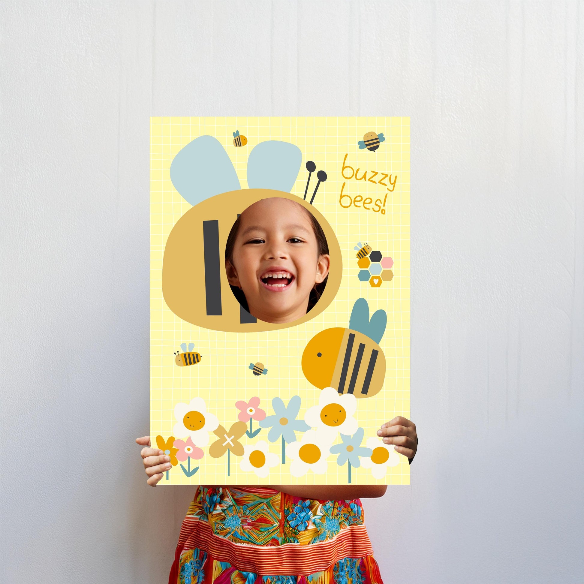 A cheerful face-in-the-hole photo booth prop designed as a bee. It's made from lightweight 5 mm foam, making it suitable for birthdays, school events, and other playful photo opportunities.