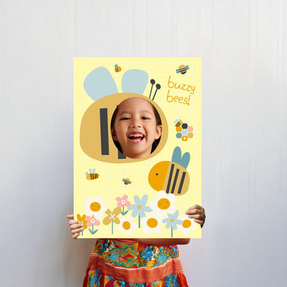 A cheerful face-in-the-hole photo booth prop designed as a bee. It's made from lightweight 5 mm foam, making it suitable for birthdays, school events, and other playful photo opportunities.