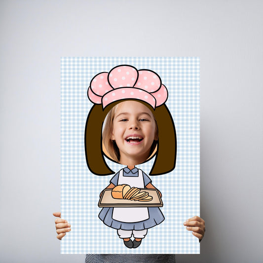 A cute, lightweight foam prop for a "face-in-the-hole" photo booth. It's designed for kids' baking parties, culinary workshops, or general bakery-themed events.