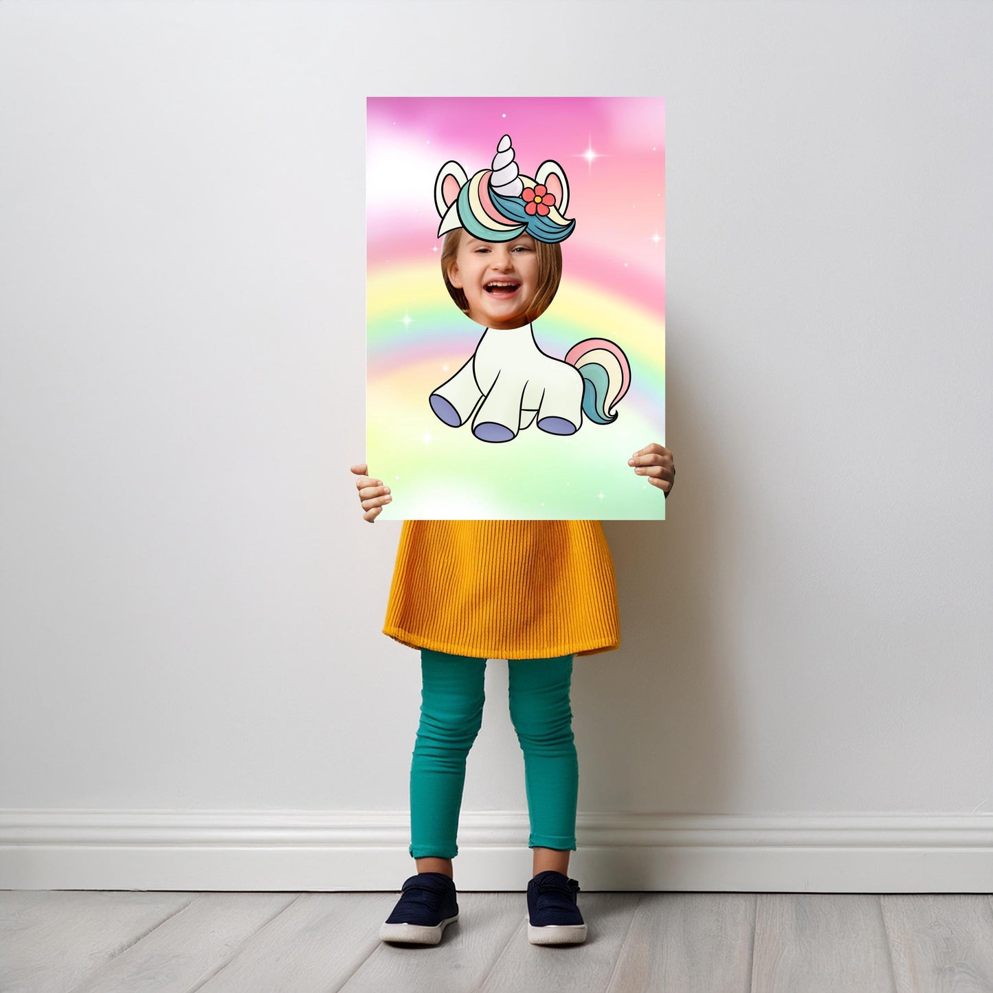 A magical unicorn face-in-the-hole photo booth prop made from lightweight foam, ideal for fairy tale birthdays and kids' parties.