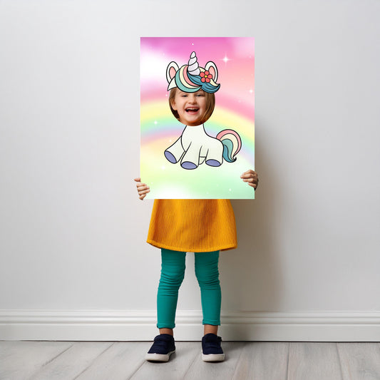 A magical unicorn face-in-the-hole photo booth prop made from lightweight foam, ideal for fairy tale birthdays and kids' parties.