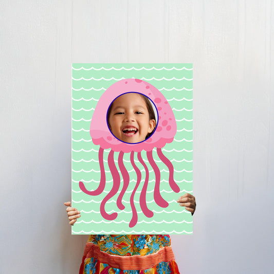 An ocean-themed jellyfish photo booth prop crafted from lightweight foam, perfect for kids' parties, under-the-sea events, or playful photo opportunities.