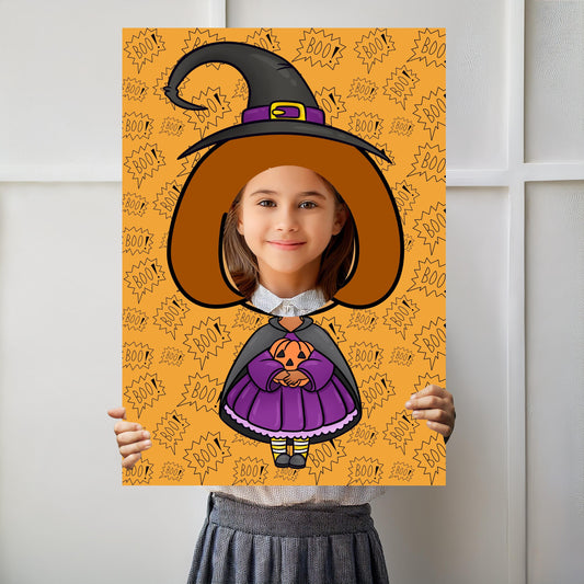 A "face-in-hole" prop with a pumpkin-themed witch design.

Material: Made from 5 mm foam board, making it lightweight and easy to handle.

Purpose: Ideal for use at kids' parties, school discos, and other Halloween events for taking spooky photos.