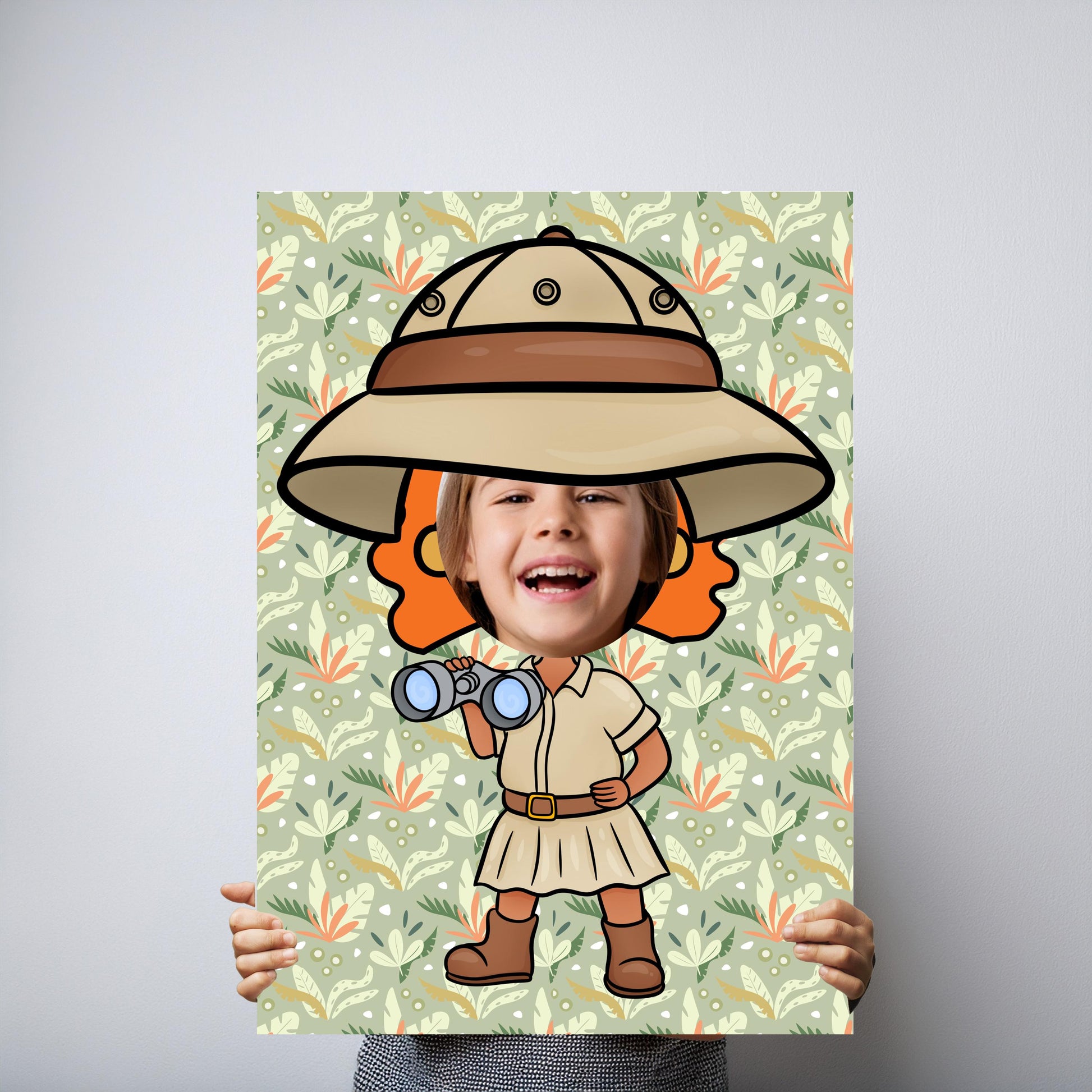 A lightweight foam photo booth prop designed as an explorer girl with a face cut-out. It's ideal for kids' safari or jungle-themed parties.