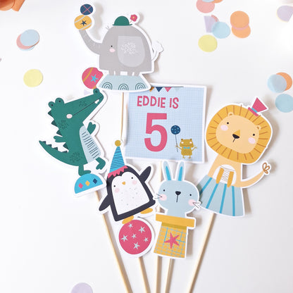 Personalised Circus Animal Cake Topper Set – Birthday Party Décor