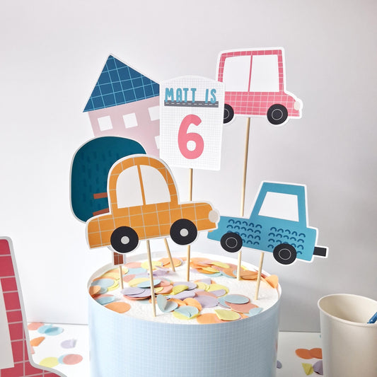 Personalised Car Birthday Cake Topper Set – Transportation Party Décor