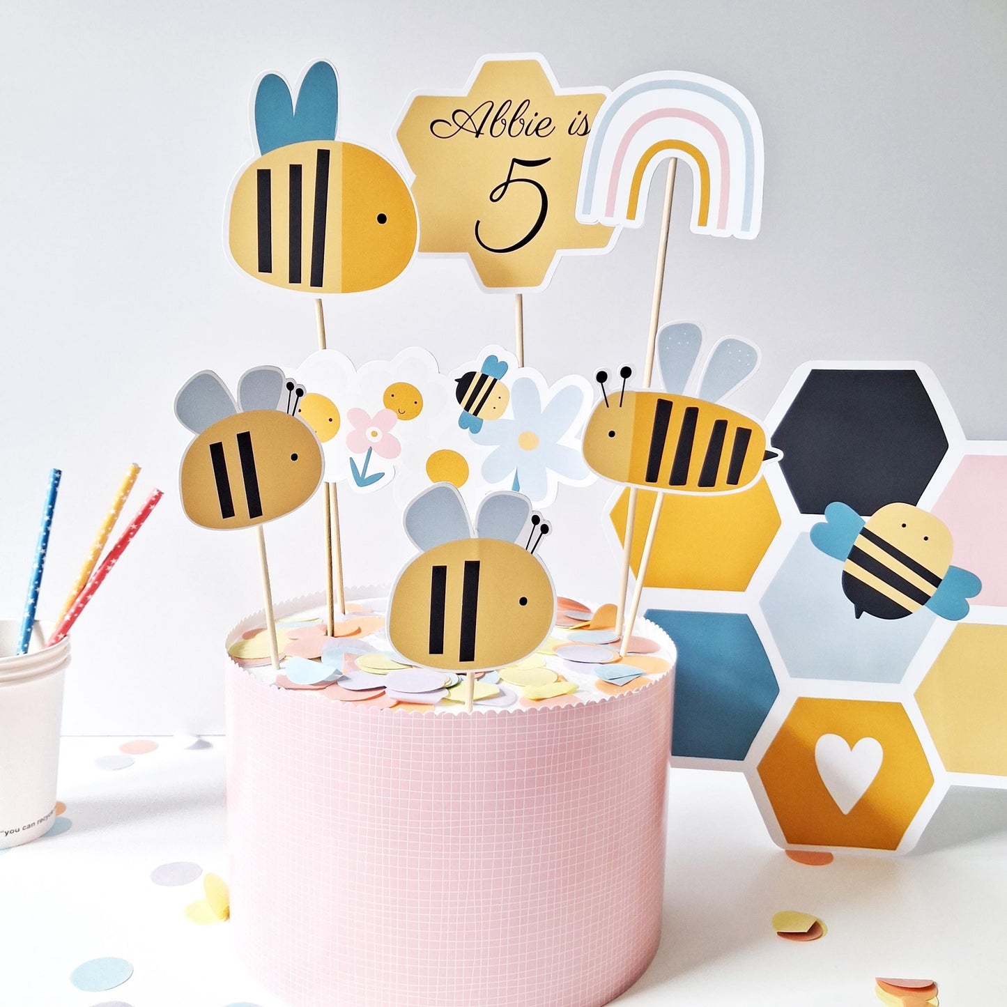 Personalised Bee Cake Topper Set – Bumblebee Birthday Party Decorations