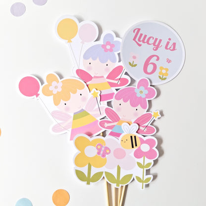 Magical Flower Fairy Cake Topper Set with Freestanding Figure – Personalised Party Decor