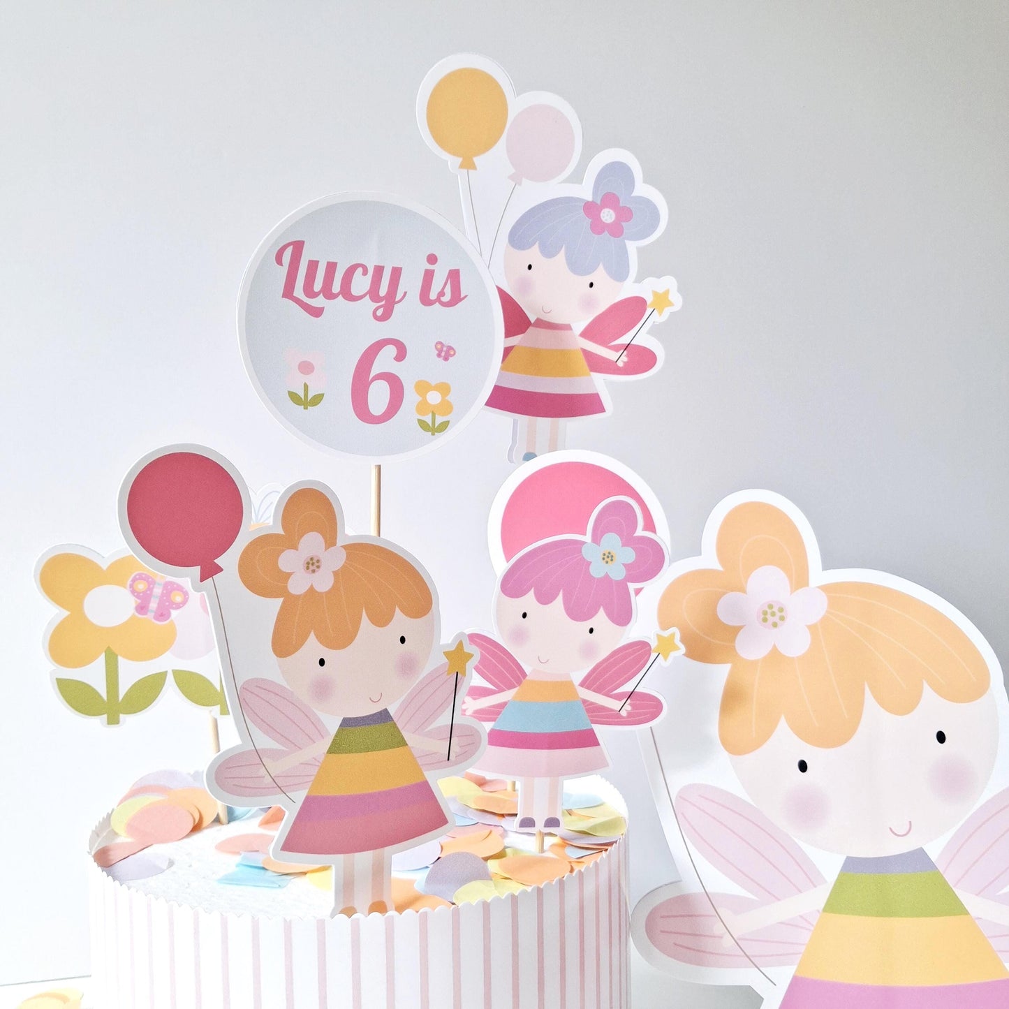 Magical Flower Fairy Cake Topper Set with Freestanding Figure – Personalised Party Decor