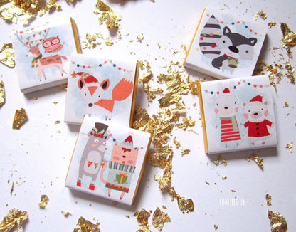 Christmas Personalised chocolate favours with fox, squirrel, and hedgehog designs. They are ideal for forest-themed events.