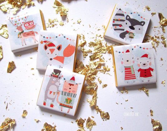 Christmas Personalised chocolate favours with fox, squirrel, and hedgehog designs. They are ideal for forest-themed events.