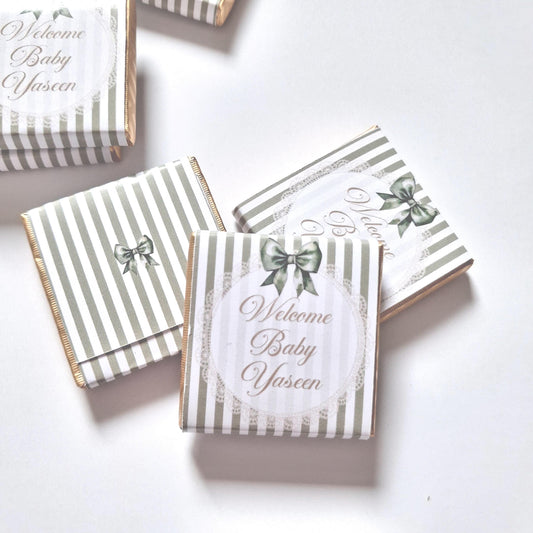 Personalised Sage Green Baby Shower Chocolate Favours – Welcome Baby (Pack of 25)
