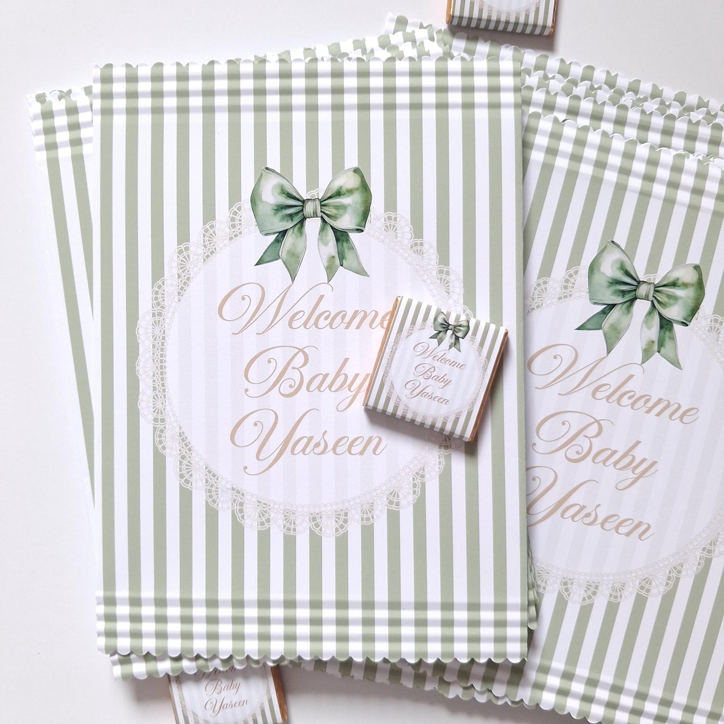 Personalised Sage Green Baby Shower Favour Bags – Welcome Baby (Pack of 10)