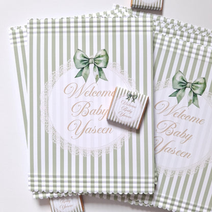 Personalised Sage Green Baby Shower Favour Bags – Welcome Baby (Pack of 10)