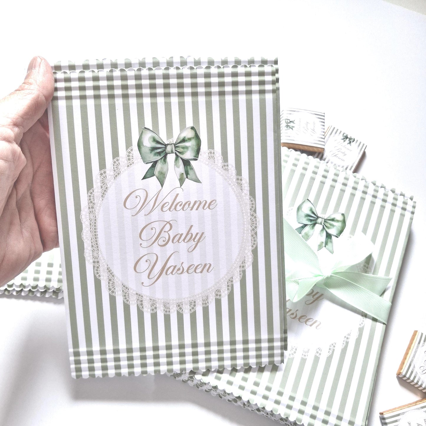 Personalised Sage Green Baby Shower Favour Bags – Welcome Baby (Pack of 10)