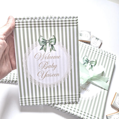 Personalised Sage Green Baby Shower Favour Bags – Welcome Baby (Pack of 10)
