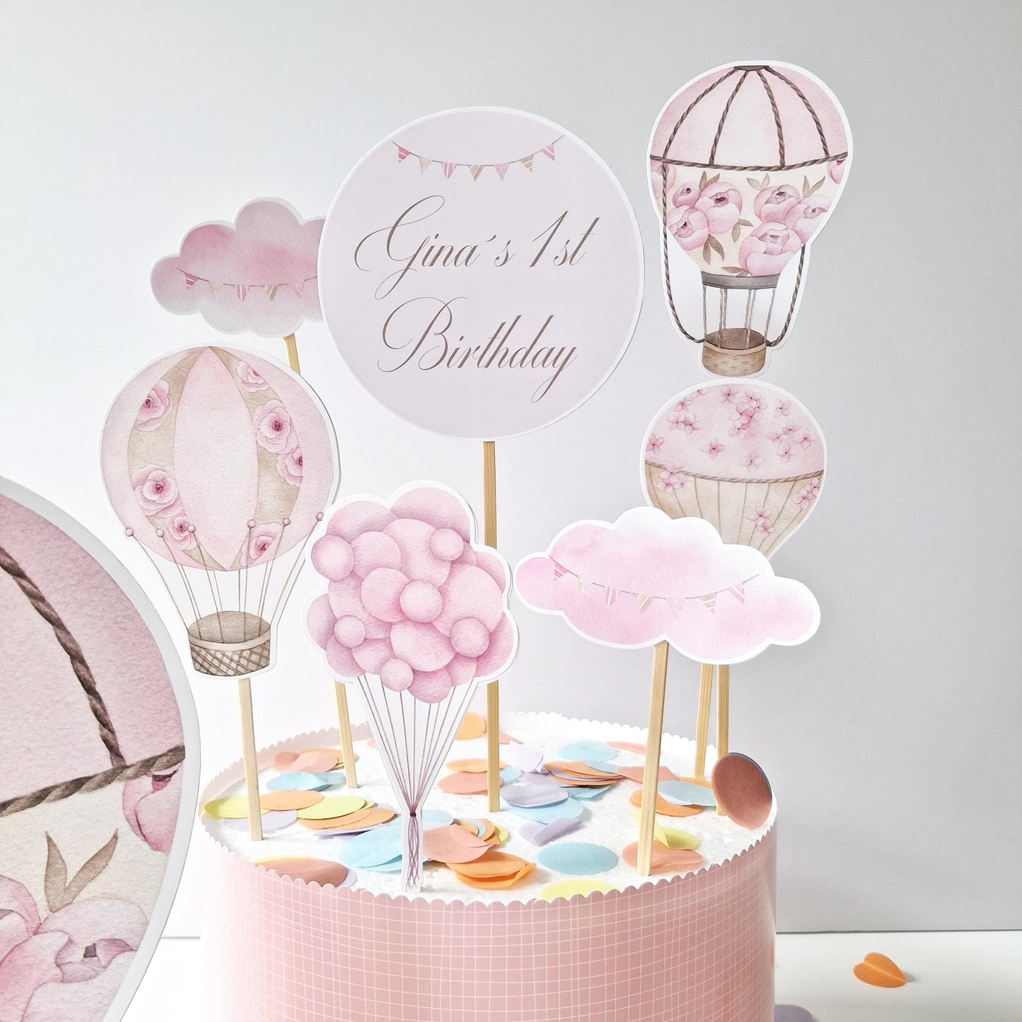 Personalised Hot Air Balloon Cake Topper Set – Pink Floral