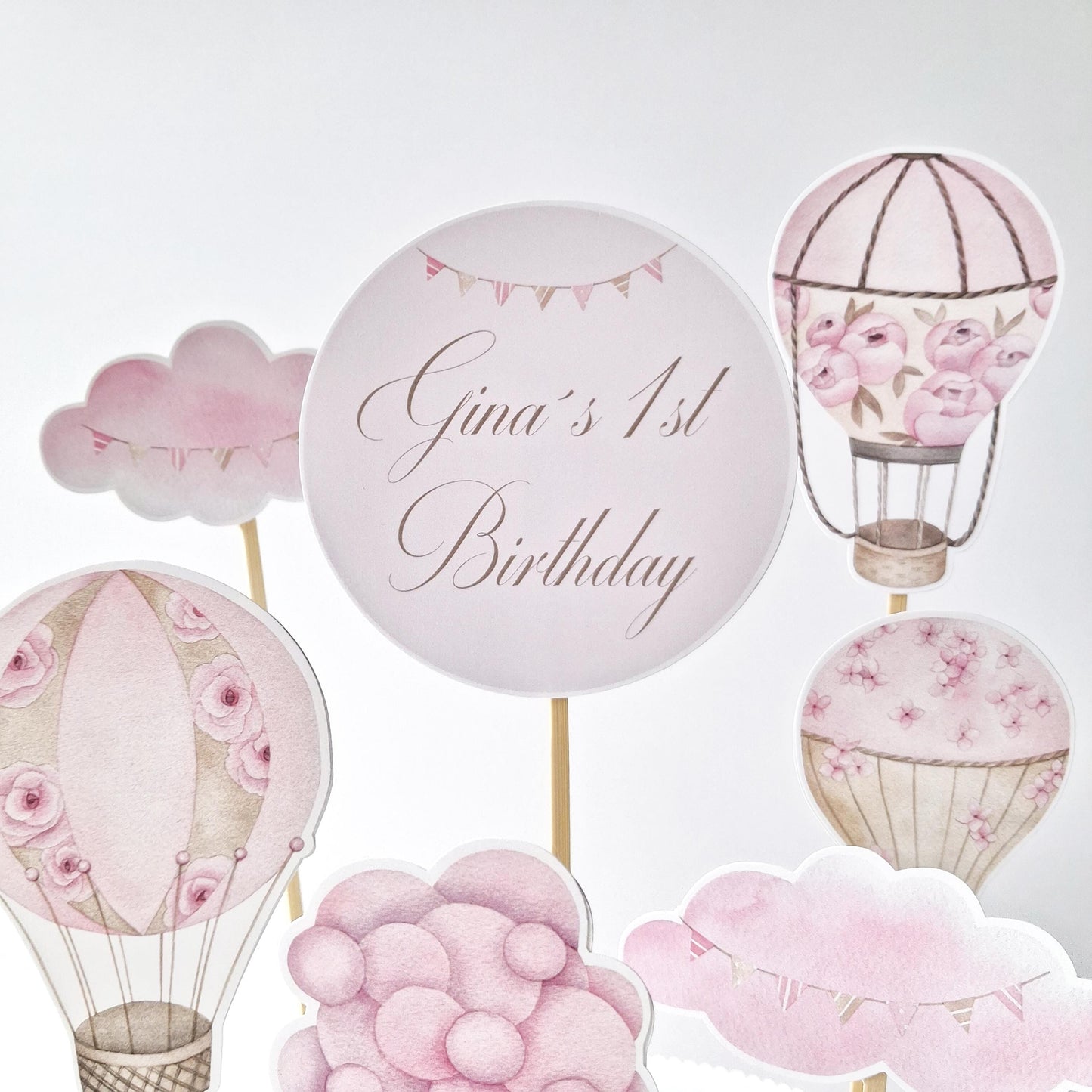 Personalised Hot Air Balloon Cake Topper Set – Pink Floral
