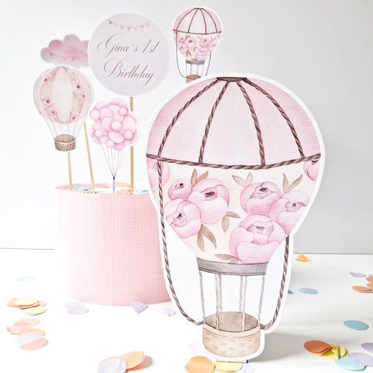 Personalised Hot Air Balloon Cake Topper Set – Pink Floral