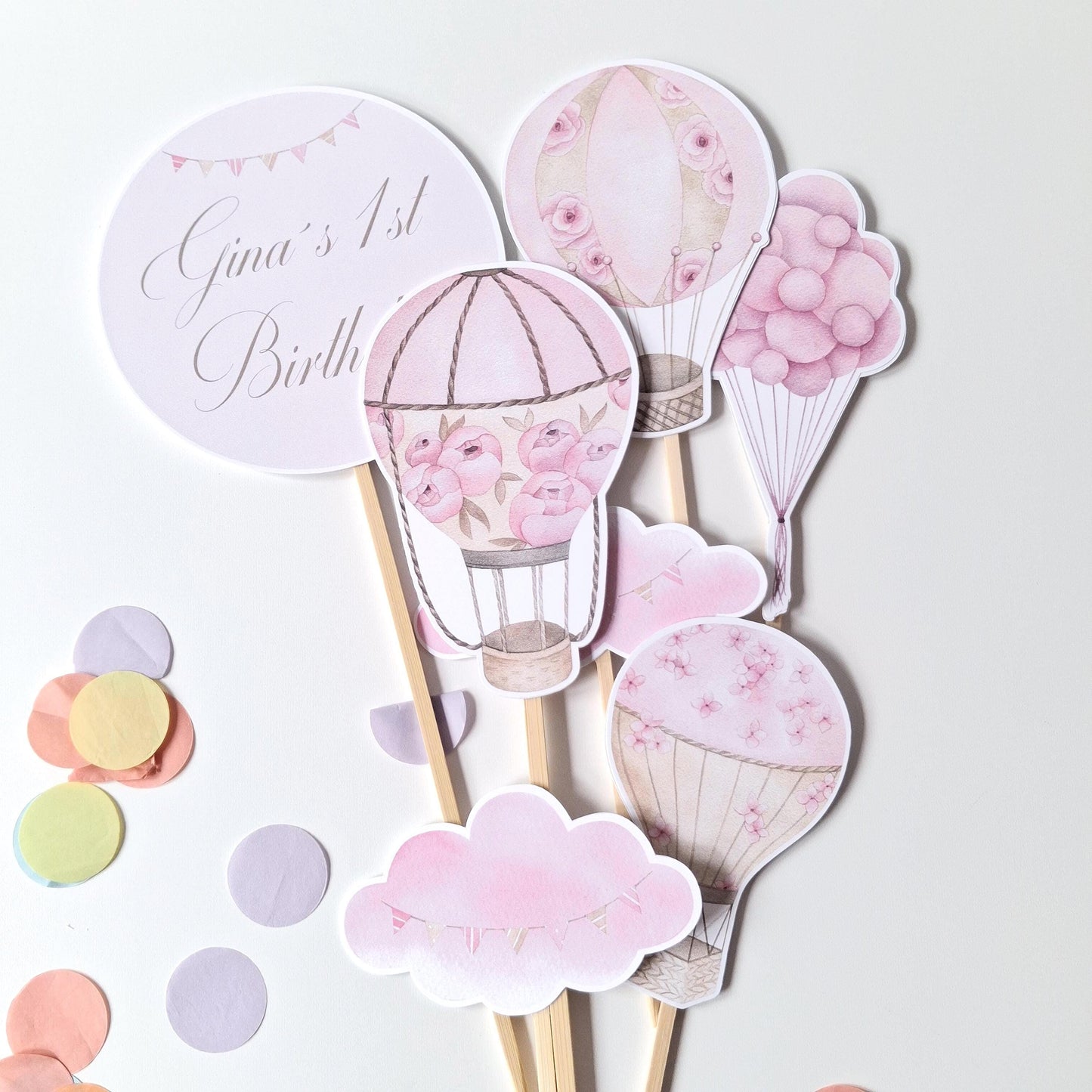 Personalised Hot Air Balloon Cake Topper Set – Pink Floral