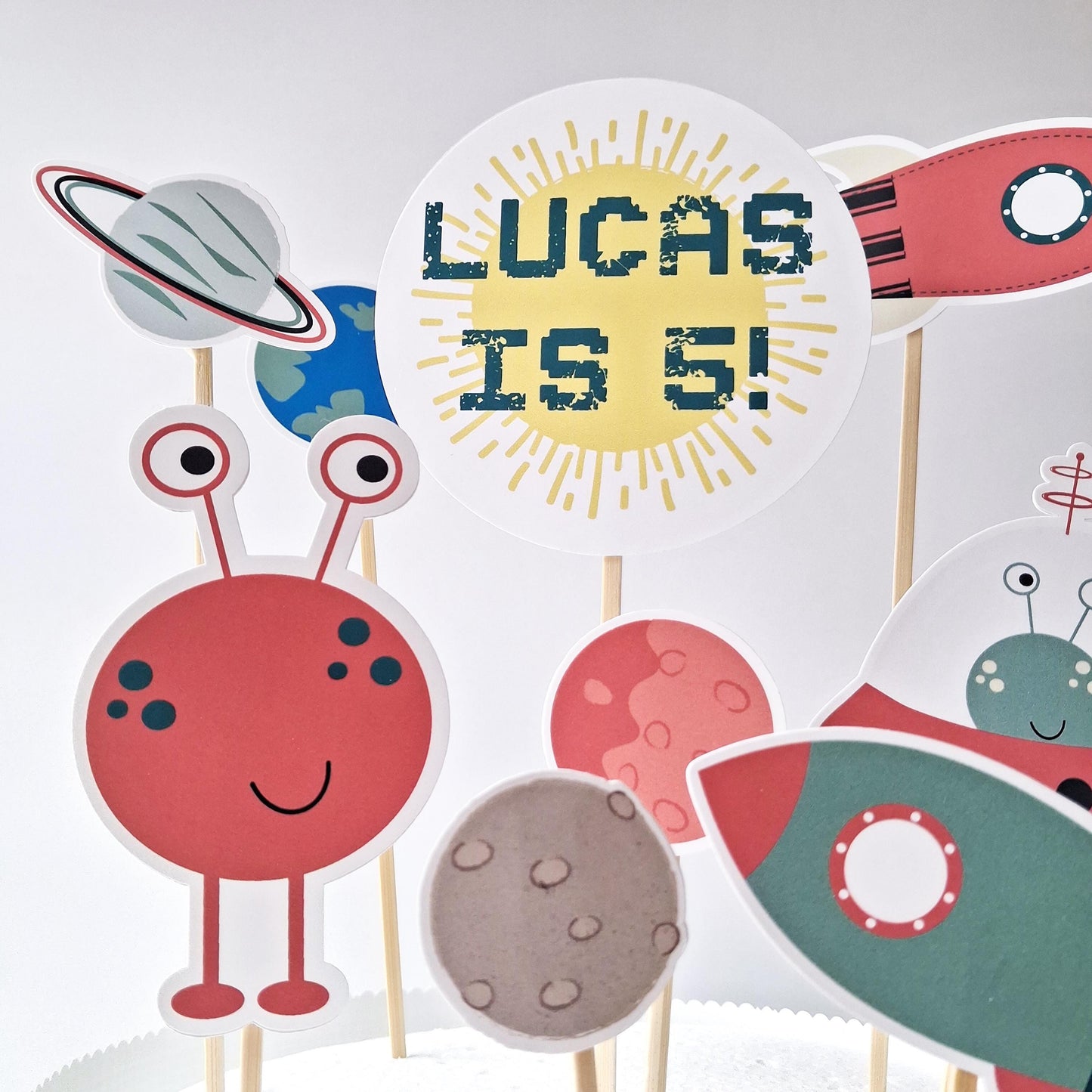 Personalised Space Cake Topper Set – Alien, Rocket and Planet Party Décor