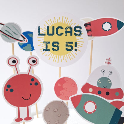 Personalised Space Cake Topper Set – Alien, Rocket and Planet Party Décor