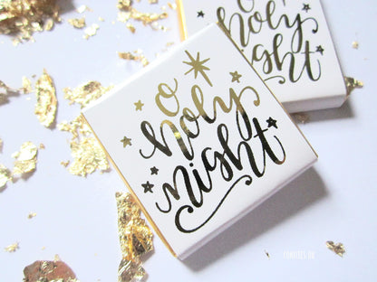 O Holy Night' Personalised Christmas Chocolates . These are white and gold, personalised mini chocolates ideal for guest favours or stocking fillers.