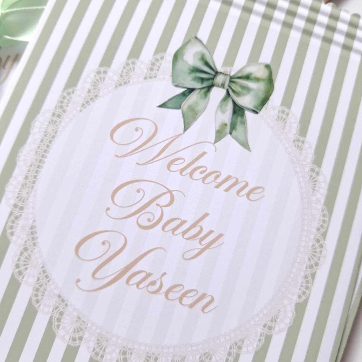 Personalised Sage Green Baby Shower Favour Bags – Welcome Baby (Pack of 10)