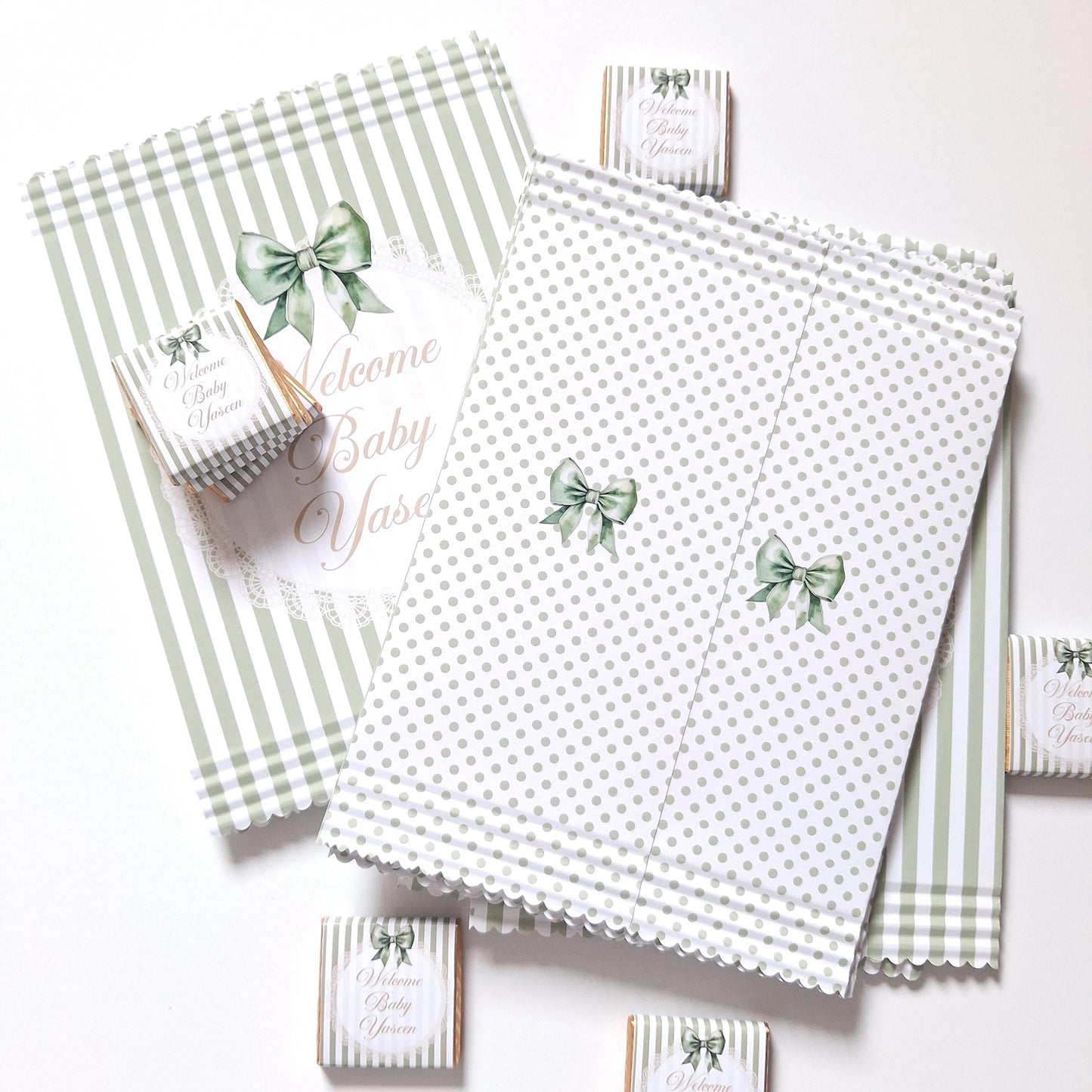 Personalised Sage Green Baby Shower Favour Bags – Welcome Baby (Pack of 10)