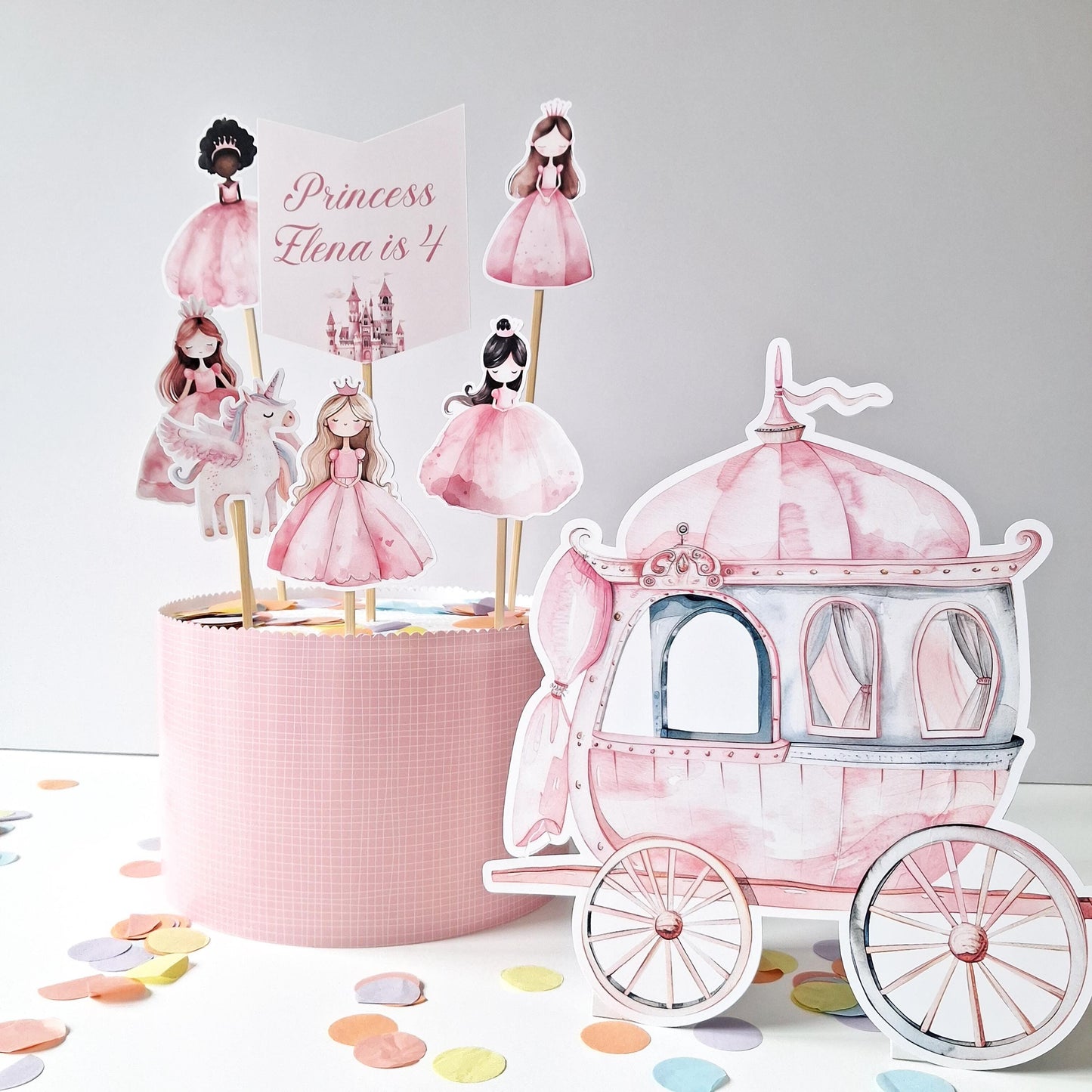 Princess Cake Topper Set – Carriage, Unicorn and Figurines