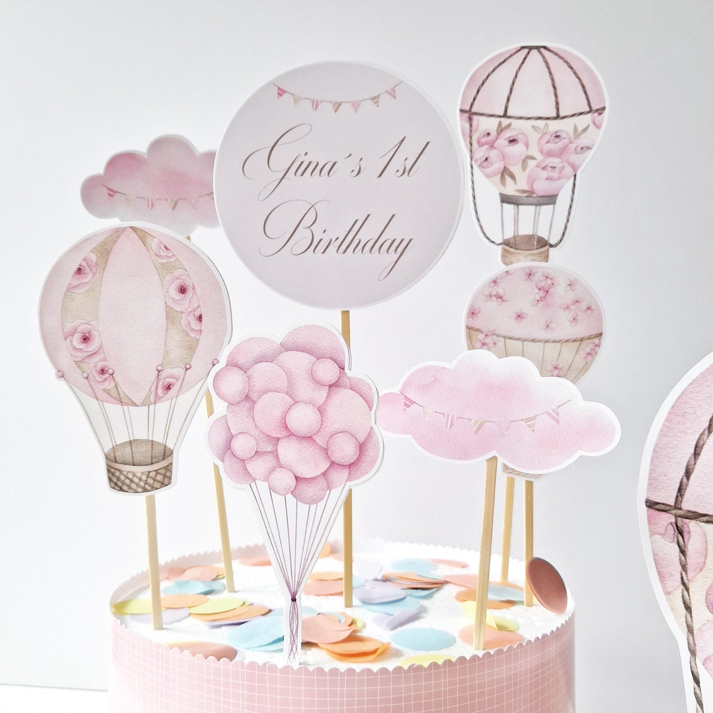 Personalised Hot Air Balloon Cake Topper Set – Pink Floral