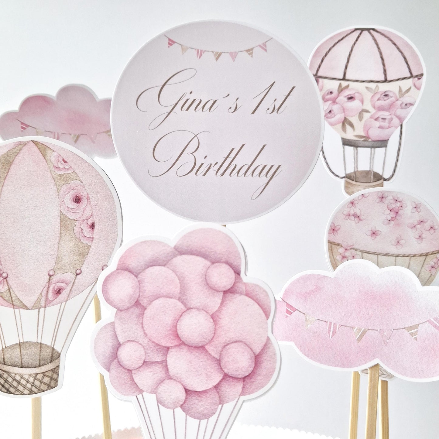 Personalised Hot Air Balloon Cake Topper Set – Pink Floral