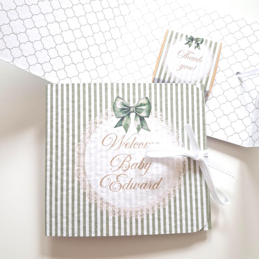  Handmade sage green baby shower favours. The elegant packets are personalised with a custom message and contain a mini chocolate.