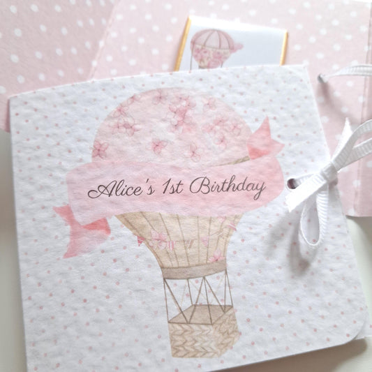 Personalised 1st Birthday Favours – Pink Hot Air Balloon Chocolate Thank-You Treats
