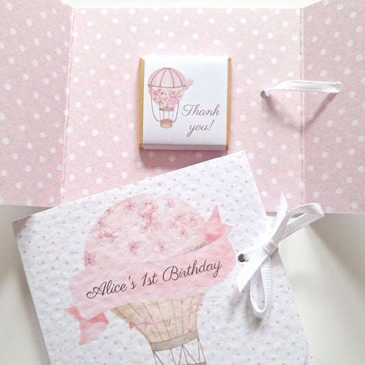 Personalised 1st Birthday Favours – Pink Hot Air Balloon Chocolate Thank-You Treats