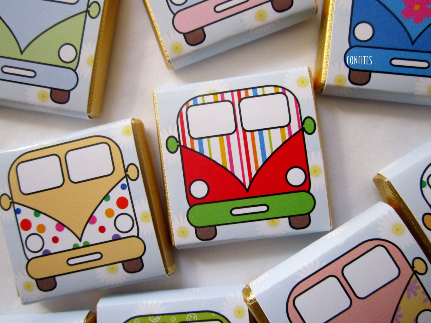 Vibrant camper van- themed chocolates that can be personalised on the back.