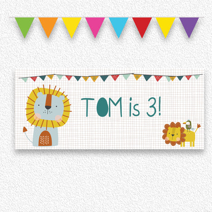 Cute Lion Personalised Birthday Banner – Jungle Safari Wall Décor in Satin Paper