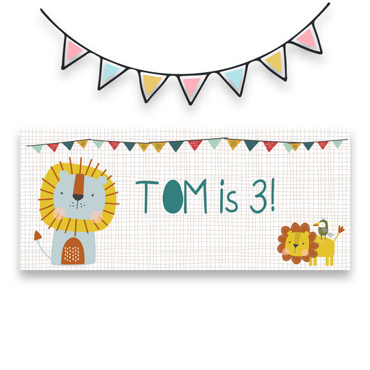 Cute Lion Personalised Birthday Banner – Jungle Safari Wall Décor in Satin Paper