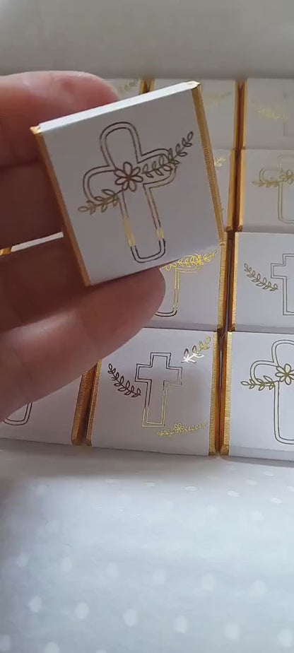 Personalised First Communion Favours – White & Gold Cross Chocolates (25 Pack)