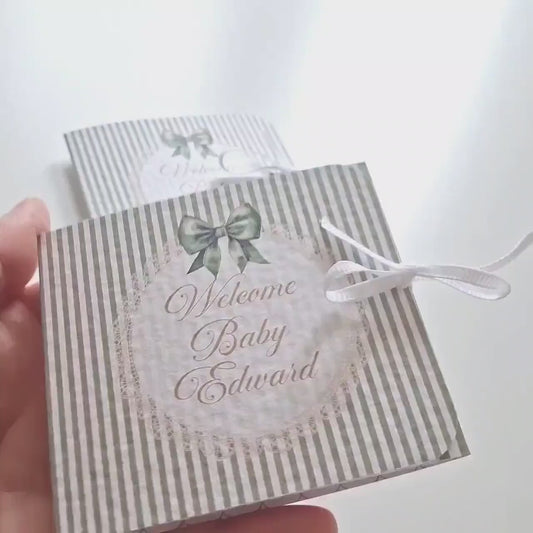 Personalised Sage Green Baby Shower Favours – Chocolate Thank-You Treats
