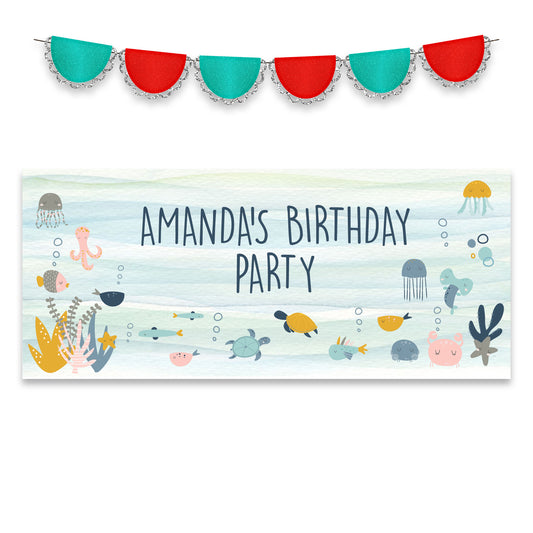 Cute Marine Life Personalised Birthday Banner – Under the Sea Party Wall Décor in Satin Paper